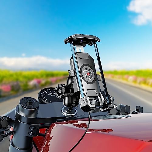 i MESTOU Wireless Phone Charger & Anti-Theft Motorcycle Mount – Fast 15 W Quick Charge with 720-Degree Rotation, USB-C 3 A Compatibility, Secure 1″ Ball Phone Holder for 4.0-7.0″ Smartphones – Innovative Handlebar Accessory for 12 V/24 V Vehicles