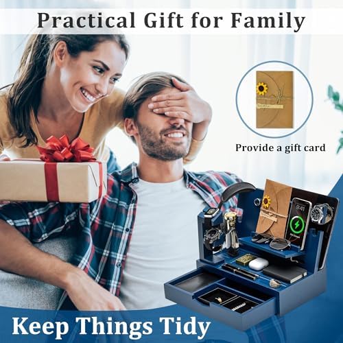 Nightstand Organizer for Men with Large Drawer, Birthday Gifts for Men, Phone Docking Station, Bedside Organizer for Nightstand for Apple Watch, Laptop (Brown, Solid Wood) – Enhanced Compatibility and Speed