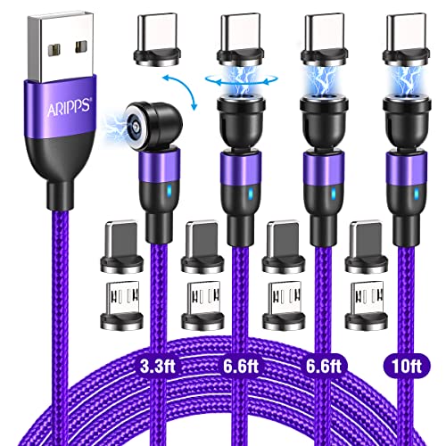Revolutionary 3-in-1 Magnetic Charging Cable Set – 4 Pack with 540° Rotating Magnet (3.3 ft, 6.6 ft, 6.6 ft, 10 ft) – Durable Nylon Braided USB Cables Compatible with Micro, Type C, and i Phone Devices for Fast, Hassle-Free Charging and Ultimate Convenience