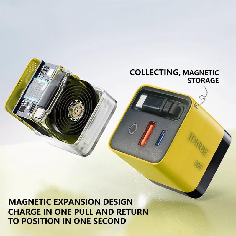 Ultimate 3 in 1 Ga N Charger – 80 W Fast Charging Station with Retractable Type-C Cable & Dual USB Ports for i Phone, Laptops & Tablets – Sleek Green Design for Enhanced Compatibility and Portability