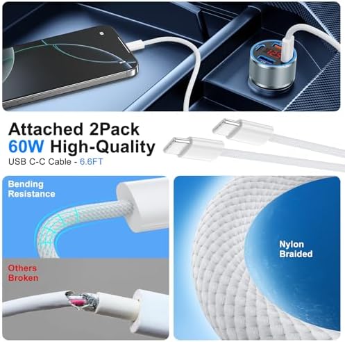 Rapid Charge Dual Pack: 65 W 4-Port USB-C Car Charger for i Phone 16/16 e/15 & Galaxy Devices with Integrated Voltmeter & 6 FT Cable – Ultimate Multi-Device Power Solution for On-the-Go Charging