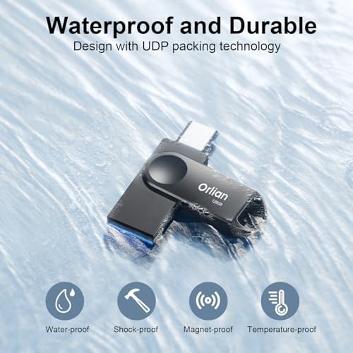 128 GB Dual USB Type C + A OTG Flash Drive – Waterproof Metal Swivel Design for Fast Data Transfer – Ideal Thumb Drive for PC, Laptop, Tablet, i Phone 15 & Android Devices – Portable Storage Solution for On-the-Go Professionals and Students