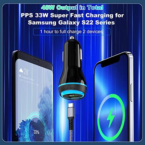 Ultra-Fast 45 W Type C Car Charger with Dual Port PD/PPS & QC Technology – Quick Charge Adapter for Samsung Galaxy S25/S24/S23, i Phone 16/15 Pro Max, and Pixel 9 – Includes 4 FT Type C Cable for Maximum Versatility and Safety on the Road