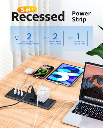 Sleek Recessed Power Strip with 20 W USB-C Fast Charger & USB-A Port – Space-Saving Desk Outlet for Effortless Device Charging, 6 ft Cord & 45° Slim Plug for Easy Access in Furniture – Ideal for Home Office and Conference Rooms