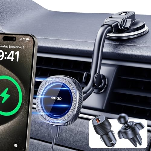 OQTIQ Magnetic Wireless Car Charger for i Phone 12-16 Series – 15 W Fast Charging with Secure Magnetic Mount, Versatile Windshield, Dashboard, & Air Vent Compatibility, Includes QC 3.0 Adapter for Optimal Performance – Upgrade Your Driving Experience with Effortless Charging & Navigation Access
