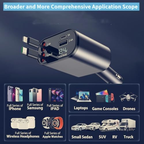 Ultimate Retractable Car Phone Charger – Type C Fast Charging with 120 W Power Output, Dual USB Ports for i Phone 16/15/14/13/12/11 and Galaxy S23/S22/S10 – Tidy, Compact Design for On-the-Go Charging and Easy Storage