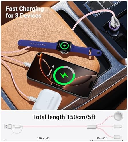 Temdan 3-in-2 USB C Charging Cable: Versatile Multi-Device Charger for Apple Watch Ultra, SE & i Phone 12-16 – Rapid Charge, Compact Travel Essential – Stylish Pink Smartwatch Accessory for On-the-Go Power Solutions