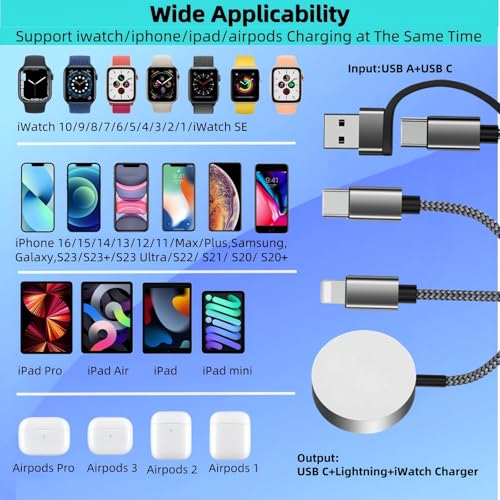 Revolutionary 3-in-2 USB C Charging Cable for Apple Watch, i Phone, and Air Pods – Ultra-Fast Multi-Device Power Hub Compatible with i Watch Ultra/SE, i Phone 16-11, and Galaxy S23 – Lightweight Travel Charger for Effortless On-the-Go Charging and Enhanced Performance