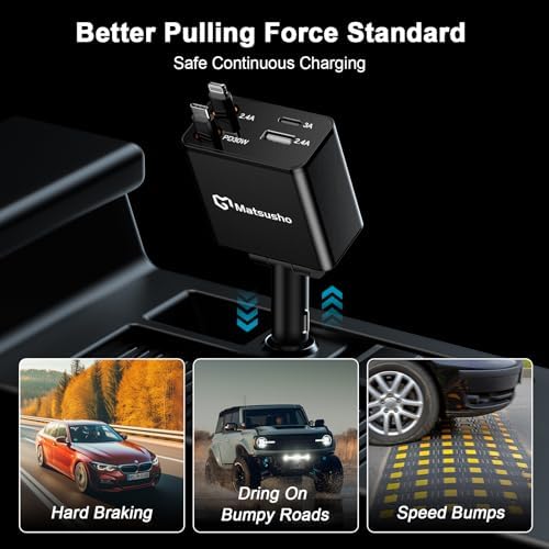 Ultimate 120 W Retractable Car Charger – 4-in-1 Super Fast Charging Solution with Dual USB Ports and 2.6 FT Tangle-Free Cable – Perfect for i Phone 16/15/14/13/12/11 Pro Max & Galaxy S24/S23 – Enhance Your Driving Experience with Reliable Power Adaptability