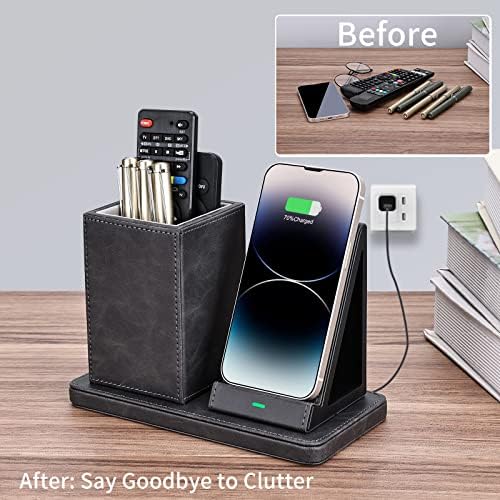 Sleek Marble Finish Wireless Charging Station with Desk Organizer – Fast Qi-Certified Charger for i Phone 13/12/11 Series, Effortless Device Power-Up & Luxurious Leather Accents for an Organized Workspace