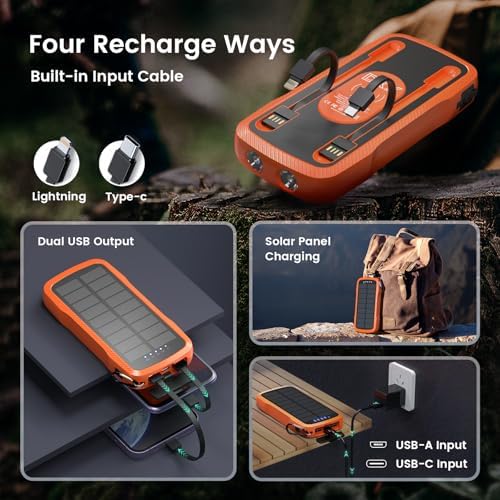 Portable Solar Power Bank 10,000 m Ah – Dual Built-in Cables & Fast 15 W Wireless Charging – Eco-Friendly Design with Cigarette Lighter & 3 LED Flashlight Modes – Perfect for Camping, Emergencies & Everyday Use – Ideal Gift for All Occasions