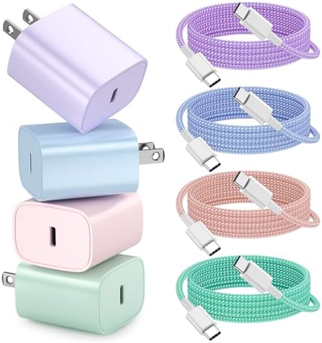 Rapid Charge 20 W USB-C Wall Charger Bundle for i Phone 16 & 15 Series – 4 Pack with 6 FT Cables for Pro Max, i Pad Pro Compatibility – Ultimate Power Solution for Home & Travel