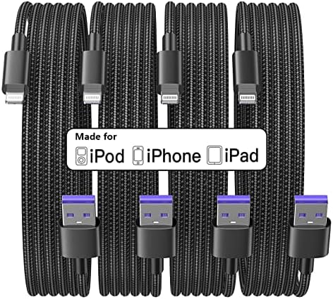 Premium 6 FT MFi Certified i Phone Charging Cables – 4 Pack Nylon Braided Lightning to USB Fast Charge Cords for i Phone 14/13 Pro Max/12 Pro/11 Mini/XR/Xs/X/8/7/Plus/6 S/6/SE/i Pad – Durable, Tangle-Free Design for Enhanced Flexibility and Speed