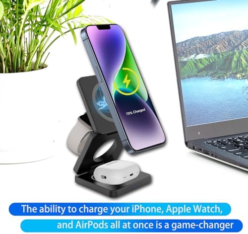 Revolutionary 3-in-1 Foldable Wireless Charging Station for Apple Devices – Ultimate i Phone 15, 14 Pro Max, 13, 12, Apple Watch 9-3, and Air Pods Pro Compatibility in a Compact Design (Black) – Streamlined Charging Efficiency and Portability for Tech Enthusiasts