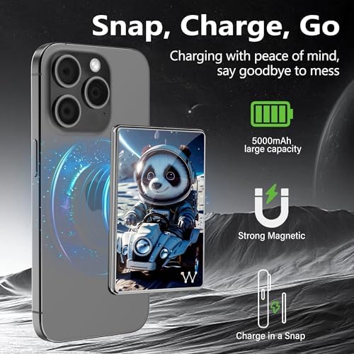 LUCKYDUO Ultra-Slim 0.26” Magnetic Wireless Power Bank – 5000 m Ah Fast Charging Battery Pack for i Phone 12/13/14/15/16 – Lightweight, Portable & Stylish Black Design for On-the-Go Charging – Seamless Magnetic Attachment & PD 20 W USB-C Compatibility – Your Essential Travel Companion for Effortless Power
