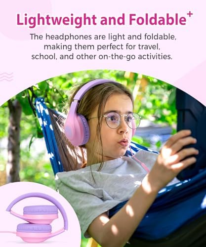 Rockpapa C24 Foldable Kids Headphones with Microphone – Lightweight Wired Audio Solution in Eye-Catching Purple & Green for School, Travel, and Play – Ideal for Young Listeners with Enhanced Compatibility and Superior Portability