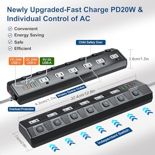 Ultimate Wall-Mounted Power Strip with USB Ports: 5 FT Extension Cord Featuring 6 Individually Switchable Outlets, 4 USB Charging Ports (1 USB-C PD 20 W & 3 USB-A QC 20 W), 70 W Total Capacity, Overload Protection for Enhanced Safety and Versatility