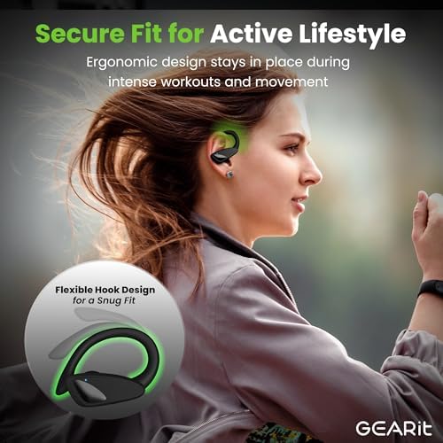 Revolutionize Your Sound Journey with GEARit Sport Hook True Wireless Earbuds – 23-Hour Playtime, IPX7 Waterproof & Sweatproof for Ultimate Durability – Ergonomically Designed for a Secure Fit with Advanced Bluetooth 5.4 for Seamless Connectivity on i Phone & Android – Perfect for Fitness Buffs and Commuters Seeking High-Quality Audio Experience
