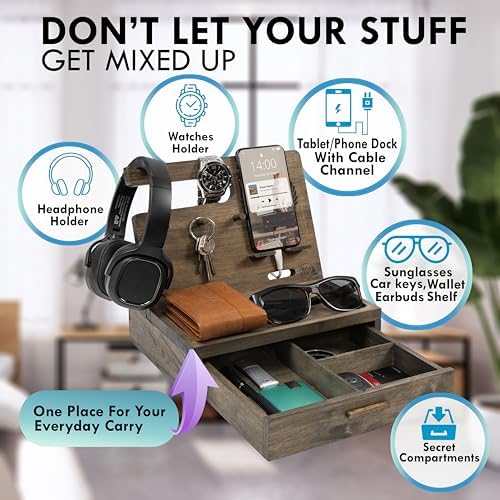 Nightstand Organizer- Rustic Bedside Organizer with Drawer for Cellphone, Watches, Headphone, Sunglasses, & Accessories- Makes an Ideal Gift for Dad or Son – Enhanced Compatibility and Speed