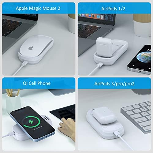 HONKID 3-in-1 Wireless Charging Dock: Fast Charging Station for Magic Mouse 2, Qi-Compatible Devices & Air Pods – Dual-Sided Design with 5 ft USB-A to USB-C Cable for Enhanced Workspace Efficiency and Sleek Aesthetic