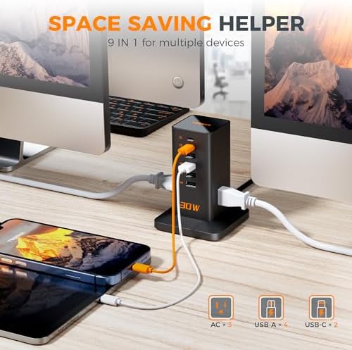 TESSAN 30 W 9-in-1 Multi-Device Charging Station with Surge Protection – Ultimate Charger Block for i Phone 16/15/14/13, Tablets, and Earphones – 5 ft Flat Extension Cord with 4 USB A & 2 USB C Ports – Compact Design for Home, Office, or Dorm – Enhanced Safety and Efficiency