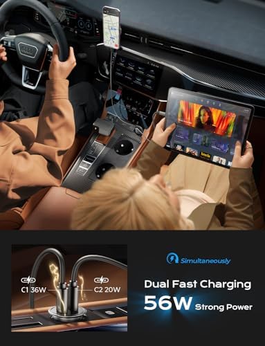 AINOPE 56 W Ultra-Compact USB C Car Charger – Dual USB PD 3.0 Fast Charging Adapter for i Phone 15 Series, Galaxy Devices & i Pad Pro – Travel-Ready Design with Advanced Safety Features for Effortless Power On-the-Go
