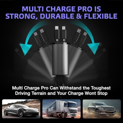Ultimate Multi Charge Pro 120 W Car Charger – Fast Charging Retractable USB-C & Lightning Adapter for i Phone, Samsung, Tablets | 4-Port Universal Compatibility for Efficient On-the-Go Power Solutions