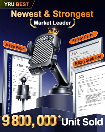 YRU 2025 Military-Grade 360° Rotatable Suction Car Phone Holder – Ultimate Dashboard & Windshield Mount for i Phone 16/15 Pro Max & Samsung – Unmatched 90+ LBS Capacity, Enhanced Compatibility & Easy Installation – Secure, Durable, and Versatile Universal Cradle for Safe Hands-Free Navigation