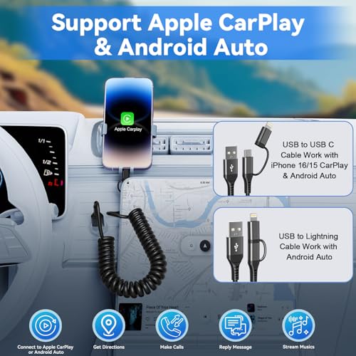 Dual-Connector USB to USB-C and Lightning Coiled Charger Cable – 2-in-1 MFi Certified Fast Charging & Data Syncing Cord for i Phone 16/15/14/13, i Pad & Android Devices – Optimal Performance for Apple Car Play & Android Auto