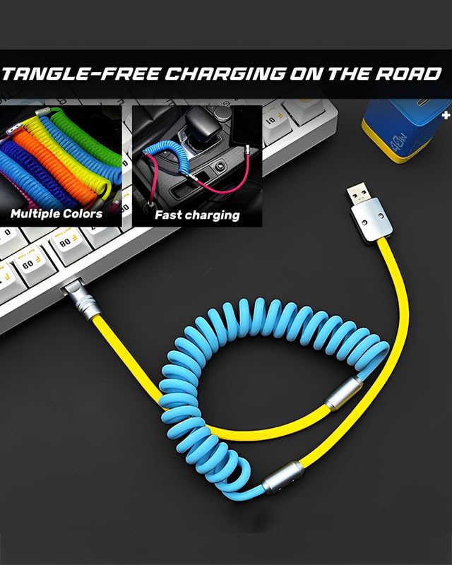 Dynamic Curly Chubby Coiled USB C Cable: 240 W Fast Charge Retractable Spiral Braid Cord for Carplay & Android Auto, Versatile Length 2.29 FT to 3.6 FT, Sleek Black and Red Design, Enhanced Compatibility for All USB-A to Type-C Devices