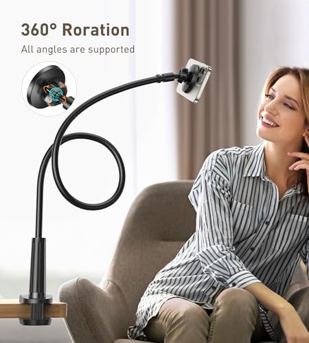 Magnetic Gooseneck Phone Holder Mount for iPhone 16/15/14/13/12 – Magnetic Stand Tabletop Clamp 360°Rotation Adjustable for Office/Home Compatible with iPhone 16 15 14 13 12 Mini Plus Pro Max – Enhanced Compatibility and Speed