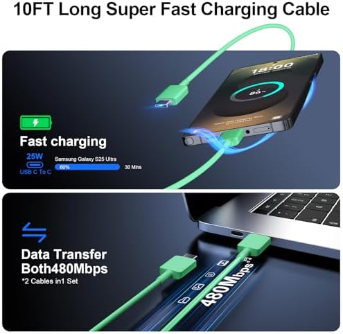 High-Speed 25 W Type C Wall Charger for Samsung Galaxy S25 Series – Includes Dual 10 FT USB-C Cables for Enhanced Flexibility and Safety – Lightning-Fast Charging with Compact Design for Travel Enthusiasts and Everyday Users