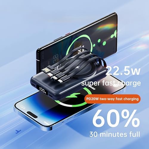 RCHL Mag Safe Portable Charger with 10,000 m Ah Capacity – 5-in-1 Fast Charging Power Bank Featuring Built-in Cables, LED Display, and Foldable Stand for i Phone 16/15/14/13 & Samsung Galaxy S25/S24 – Ultimate Convenience for On-the-Go Power Solutions