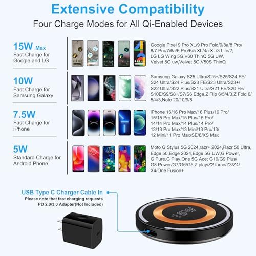 Samsung 15 W Fast Wireless Charger Pad with Magnetic Kickstand – Dual Pack Magsafe Charging Station for Galaxy S25 Ultra, i Phone 16 Pro Max, and Google Pixel 9 Pro – Enhanced Speed and Compatibility for Ultimate Convenience Experience high-speed, 15 W wireless charging with our innovative Dual Pack Magnetic Charging Pads, designed specifically for the latest Samsung Galaxy S25 Ultra, i Phone 16 Pro Max, and Google Pixel 9 Pro. Featuring a built-in smart chip, these chargers intelligently adapt to your device’s needs, ensuring optimal charging while preventing overheating and short circuits. The adjustable kickstand allows for versatile use while charging, making it easy to watch videos or browse. With a sleek, non-slip design and integrated 3 ft USB-C to C cable, these chargers are perfect for home or travel. Enjoy peace of mind with our 12-month warranty and responsive customer service. Elevate your charging experience with the ultimate combination of speed, safety, and style.