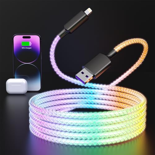 Transform Your Charging Routine with the RGB LED Light Up i Phone Lightning Charger Cable – 27 W Fast Charging Cord for i Phone 14, 13, 12, Pro, 11, and 8 – 3 FT USB to Lightning Cable with Eye-Catching Glow and Apple MFi Certification for Enhanced Durability and Speed