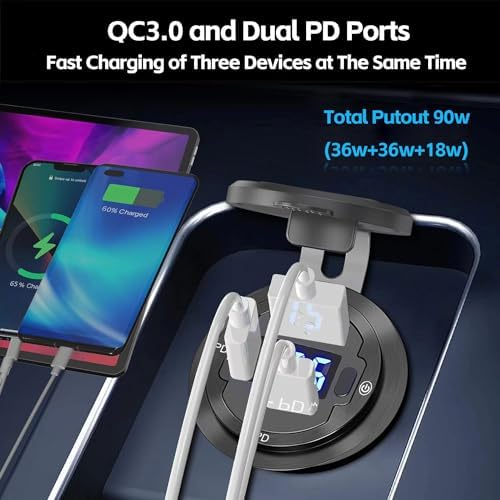 Upgrade Your Charging Game with the 12 V Waterproof USB Outlet – 3-Port Fast Charger Featuring PD3.0 & QC3.0 for Cars, Boats, RVs, and More – Durable Aluminum Alloy Design with Integrated Switch & Voltmeter for Ultimate Convenience and Performance