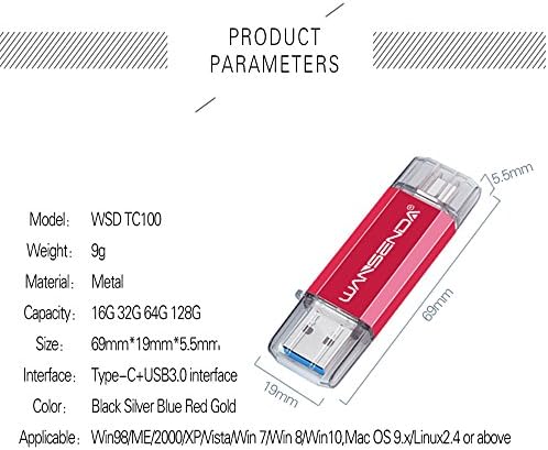 WANSENDA 64 GB OTG USB Flash Drive – 2-in-1 USB 3.0/3.1 & Type-C Storage for Android Devices, PC & Mac – Fast File Transfers with Stylish Red Design for Effortless Data Management