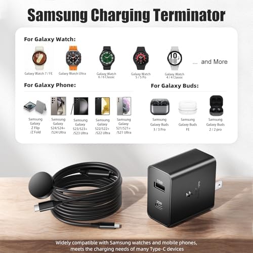 Dual-Port 25 W Fast Charging Block with 5 FT Cable for Samsung Galaxy Watches & Smartphones – Effortless Dual Device Charging, Superior Speed, and Sleek Compact Design for Galaxy Watch 7/6/5/4/Active2 & Galaxy S24/S23/S22/S21/Note/Z Fold – Ultimate Efficiency Meets Unmatched Compatibility