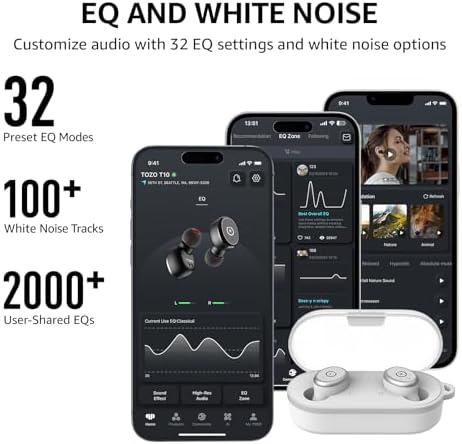 TOZO T10 True Wireless Bluetooth 5.3 Earbuds – 45 Hours of Playtime, IPX8 Waterproof Stereo Headphones with Built-in Mic – Customizable Sound with 32 EQ Settings via App for Enhanced Audio Experience and Seamless Connectivity