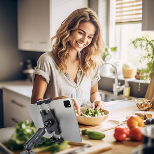 Heavy-Duty Truck Tablet Mount with Adjustable Aluminum Arm – Secure i Pad Holder for 6.5″-12.9″ Models, Perfect for Fleet Management and Navigation – 360-Degree Rotation, Quick-Release Mechanism, and Drill Base Compatibility for 1″ B Size Systems