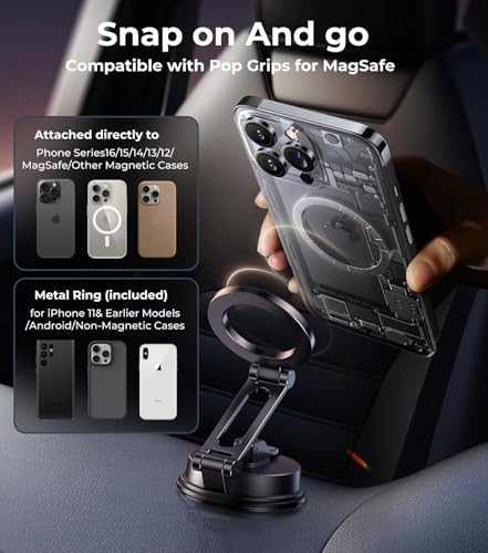 Mag Safe-Compatible Vacuum Suction Car Phone Holder – Versatile Magnetic Mount with Aerospace Alloy Arm for Tesla, Gym, Shower, and Smooth Surfaces – Secure Dashboard/Windshield Screen Solution for i Phone – 360-Degree Rotation for Optimal Viewing Angles and Hands-Free Safety