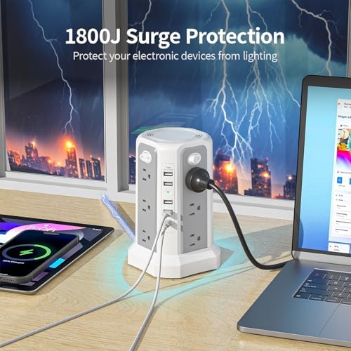 Maximize Power Distribution with the PASSUS Surge Protector Tower – 12 AC Outlets, 5 USB Ports Including 18 W USB C, 10 FT Extension Cord, Space-Saving Flat Plug, Overload Protection for Home and Office Use – Ideal for Multiple Devices and Rapid Charging Solutions