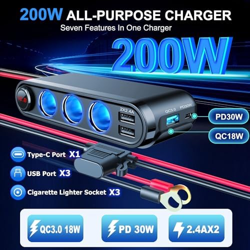 Dual-Port 12 V Car Cigarette Lighter Splitter – 200 W Multi-Device Charger with Eyelet Terminal for Enhanced Compatibility and Convenience – Essential Automotive Accessory for GPS, Phones, and More