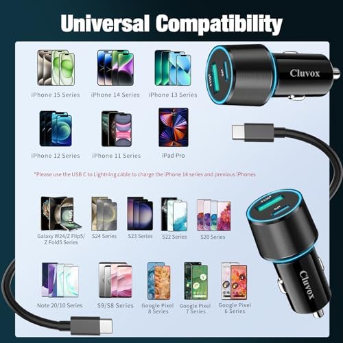 Dual Port 38 W USB-C Car Charger (2 Pack) – Fast Charge Your i Phone 16 Pro/Max/Plus & Samsung Galaxy S25/S24/S23 with 20 W PD & 18 W QC – Includes 3.3 FT Type C Cable – Sleek Black Design for Enhanced Compatibility and Efficiency, Perfect for Road Trips and Daily Commutes