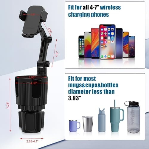 Wireless Car Charger Phone Mount Cup Holder, 3 in 1 15W Fast Charging Auto Clamping Cup Holder Expander for Car, Phone Holders for Your Car CupHolder Wireless Charger Compatible for All Smartphones – Enhanced Compatibility and Speed