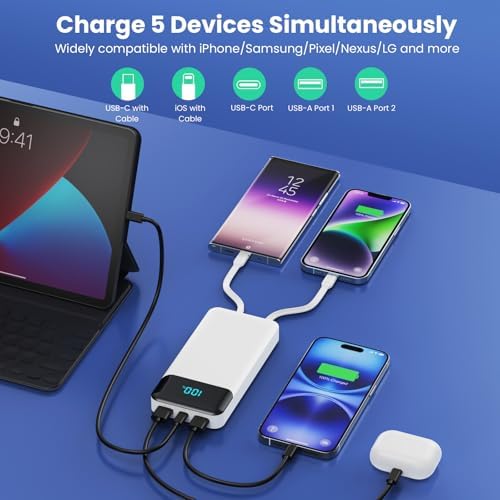 High-Capacity 40800 m Ah Portable Charger with Integrated Cables – Fast PD 25 W USB-C & QC4.0 Power Bank for i Phone 15/16 and Samsung – Smart LED Indicator, 5 Outputs for Multi-Device Charging – Ultimate Travel Companion for On-the-Go Power Solutions