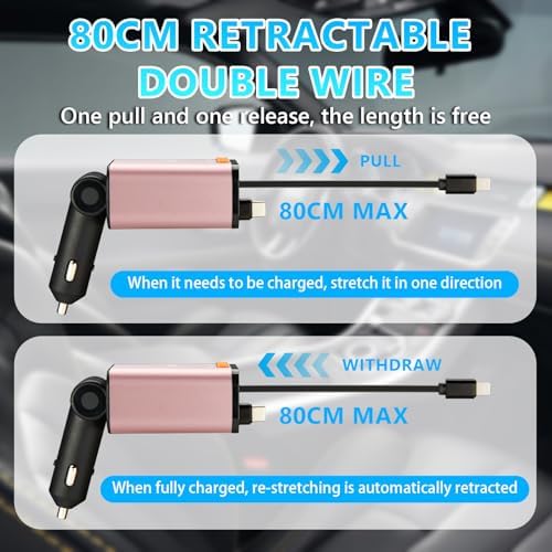 Revamp Your Drive with the 5-in-1 Retractable Car Charger: 60 W Fast Charging, Bluetooth 5.3 FM Transmitter, Hands-Free Calling & Integrated MP3 Player – Dual Retractable Cables & USB Ports for Ultimate Connectivity (Purple) – Elevate Your Mobile Experience on the Go!