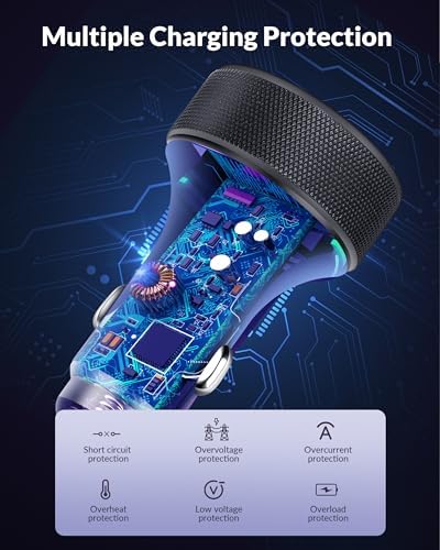 High-Power 4-Port USB C Car Charger – 90 W Fast Charging Adapter with Dual USB-C & USB-A Ports for i Phone 11-16, i Pad, Samsung, and Android Devices – Compact Cigarette Lighter Adapter with Enhanced Safety Features and Multi-Device Compatibility for Road Trips and Daily Commutes