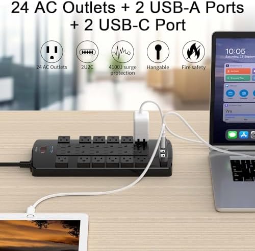 Ultimate QINLIANF Surge Protector Power Strip – 6 Ft Heavy-Duty Extension Cord with 24 Versatile Outlets and 4 High-Speed USB Ports (2 USB-C), 1875 W/15 A Capacity, 4100 J Surge Protection for Home, Office, and Dorm Use – ETL Certified for Maximum Safety and Reliability