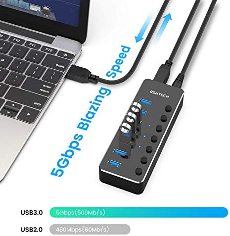 Elevate Your Connectivity with the RSHTECH 4 Port USB C to USB 3.0 Hub Expander – Sleek Aluminum Powered Splitter with 5 V AC Adapter & Individual On/Off Control for High-Speed Data Transfer (RSH-516-C) – Perfect for Professionals & Multitaskers